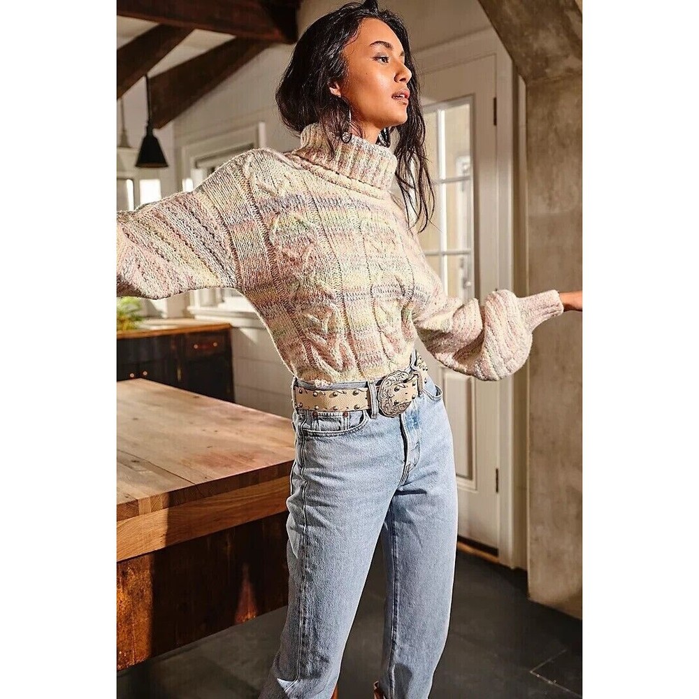 Free People Popsicle Pullover Cable Knit Turtleneck Sweater Colorful Size Small